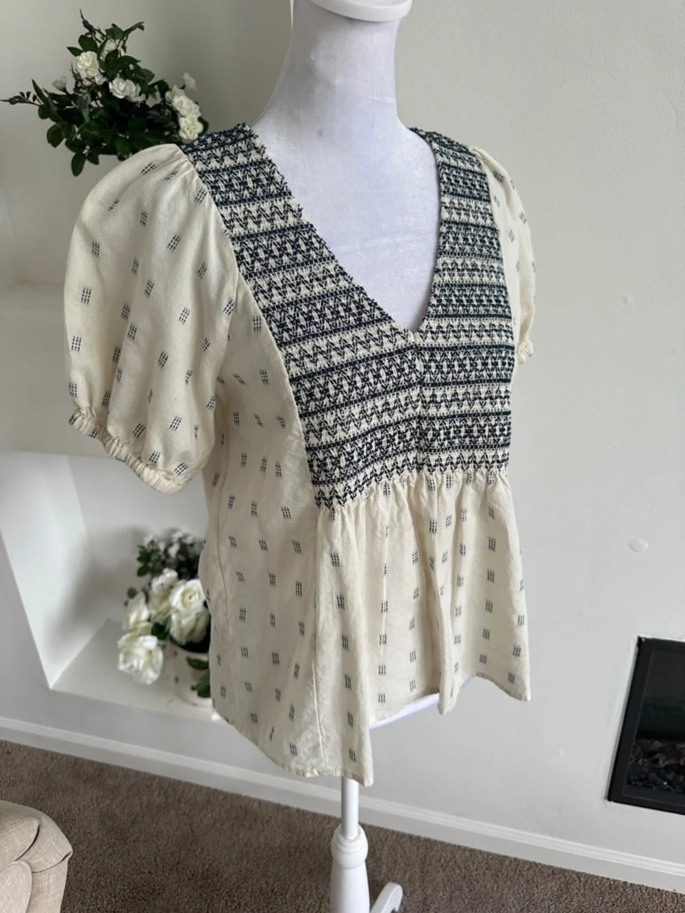 Madewell Cream Blouse with Black Smocked V-Neck